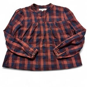 The Good Jane Burgundy Navy Plaid Puff Sleeve Quarter Button Blouse Large